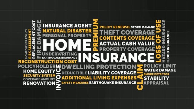 Color Block Home Insurance Word Cloud Animation Shameless Loop. Home Kinetic Typography Modern Yellow Theme