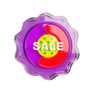 A purple, red, and yellow sale badge