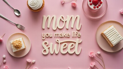 Naklejka premium A pink background with various sweet desserts and a heartfelt Mother's Day message displayed in cookies