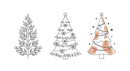 Obraz premium Minimalist christmas tree line art set with different styles of festive pines for holiday card and sticker designs.