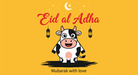 Fototapeta premium Eid al Adha, Islamic holiday, cow illustration, greeting card, Mubarak