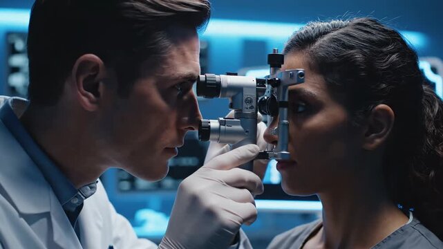 Medical Professional Performing Eye Exam on Patient in Modern Clinic Visuals