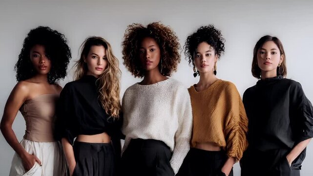 Female diversity. Human rights, equal opportunity concept. A portrait of five women, each with a unique hairstyle and clothing style, is set against a plain, lightcolored background.