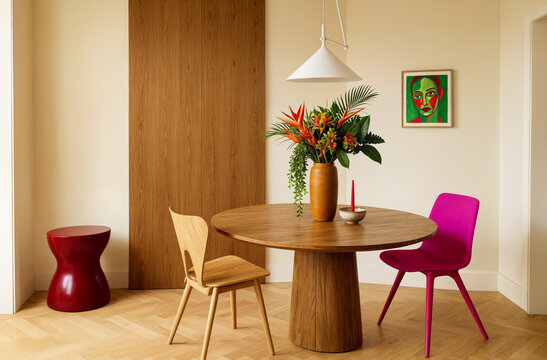 Eclectic dining room with flowers