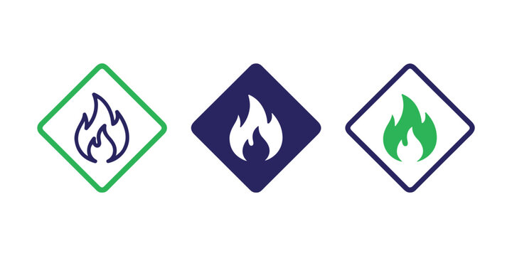 Collection of flammable warning signs with flame icons in different colors and styles