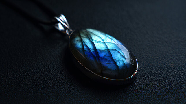 labradorite pendant with blue iridescence, glowing effect, dark background.