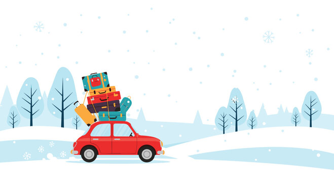 Red car with a huge stack of colorful suitcases tied to the roof driving through a peaceful snowy winter landscape with trees and snowflakes.