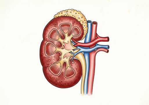 Detailed anatomical illustration of a healthy human kidney with major blood vessels and adrenal gland