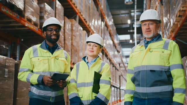 Smiling African American man holding tablet and standing confidently between warehouse shelves. Calm confident woman glancing ahead holding folder. Focused senior male engineer looking into camera.
