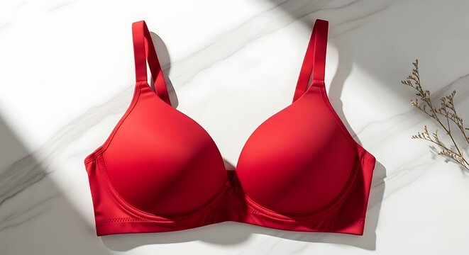 Red padded bra on white marble surface with shadows