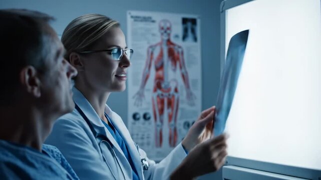Medical Professionals Analyze Radiograph With A Patient Displaying Diagnostic Analysis