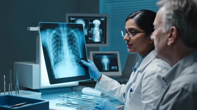 Medical Professionals Analyzing Chest X-Ray: Healthcare Examination Concept, Detailed View