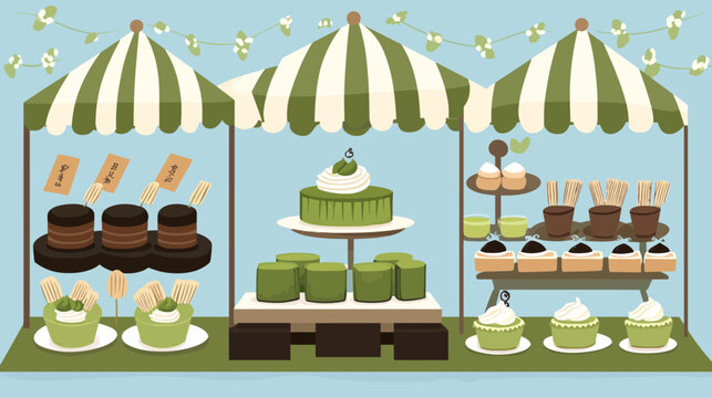 A whimsical illustration of a charming outdoor food stall, displaying various green-themed desserts
