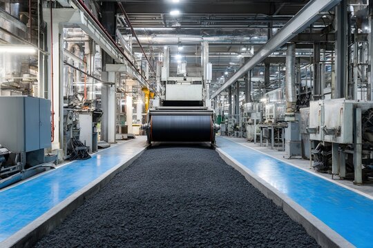 Industrial asphalt roller compacting a pathway inside a factory
