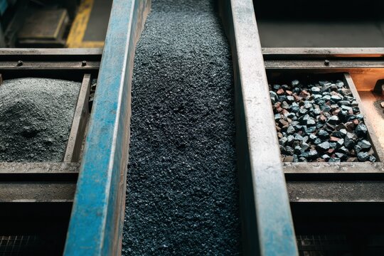 Close-up of industrial conveyor belt with coal or aggregate material