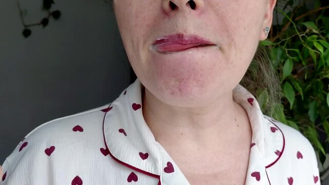 A woman brushes her teeth in close-up