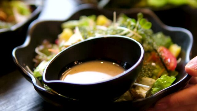 korean buffet seafood seaweed salad in black plates with dipping sauce close up 