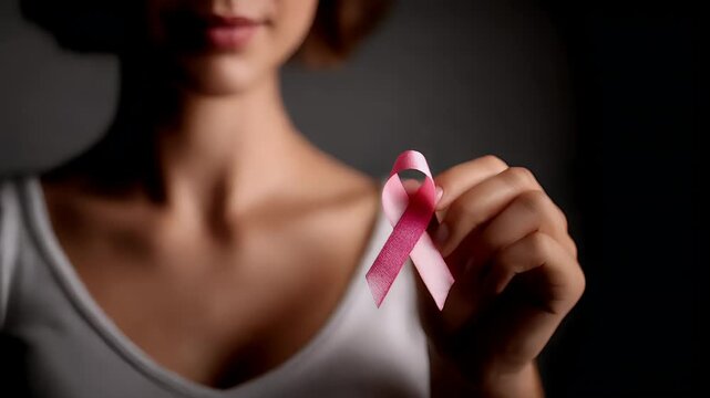 Breast cancer awareness day. A closeup portrait of a person holding a pink ribbon. The persons face is partially visible, with a neutral expression. They wear a lightcolored, sleeveless shirt.