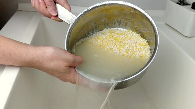 A woman rinses rice and millet in a pot under running water, close-up.