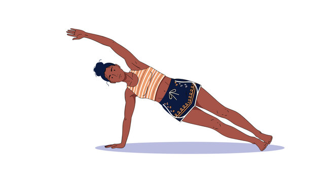 Flat illustration of a woman in sportswear practicing a side plank yoga pose to improve strength and fitness on white.