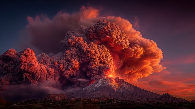 A dramatic scene of a volcanic eruption, with a large plume of smoke rising from the top of a mountain against a backdrop of a fiery sky illuminated by the setting sun.