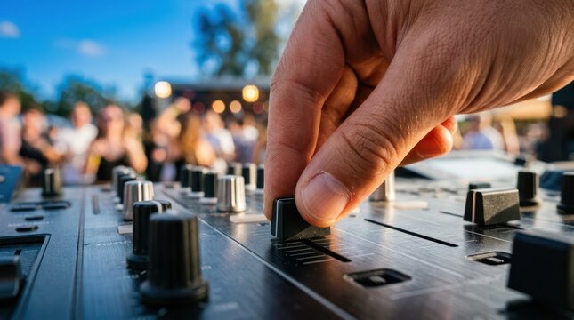 DJ fingers moving a fader on a professional audio mixer during a bright summer day event.
