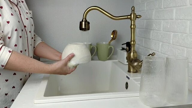 Woman washing dishes in kitchen sink, closeup. Cleaning chores