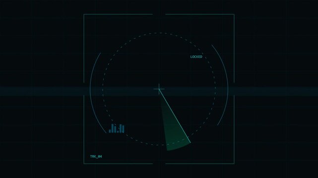 Digital radar screen with a sweeping green line and faint interface elements on a dark background, indicating detection or navigation.