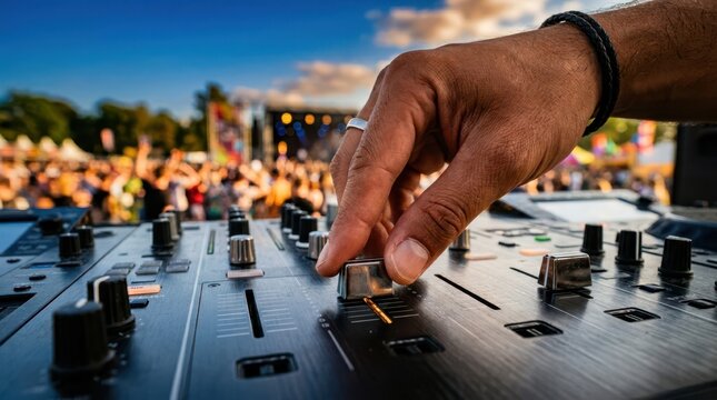 DJ fingers moving a fader on a professional audio mixer during a bright summer day event.