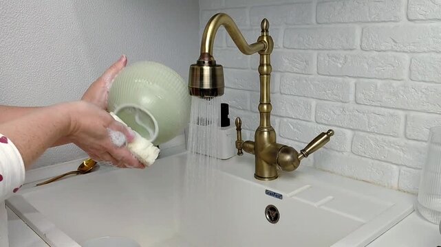 Woman washing dishes in kitchen sink, closeup. Cleaning chores