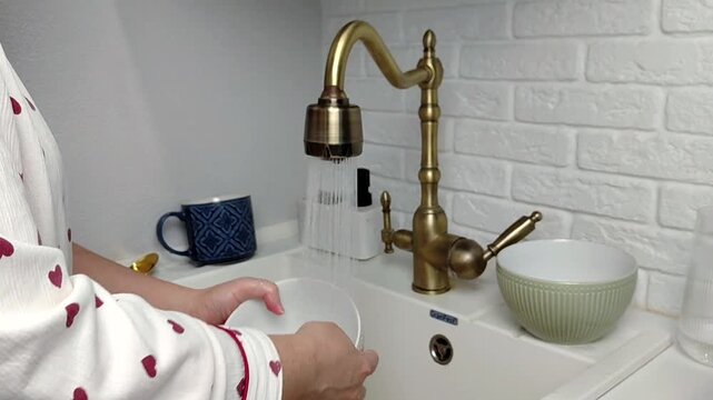 Woman washing dishes in kitchen sink, closeup. Cleaning chores