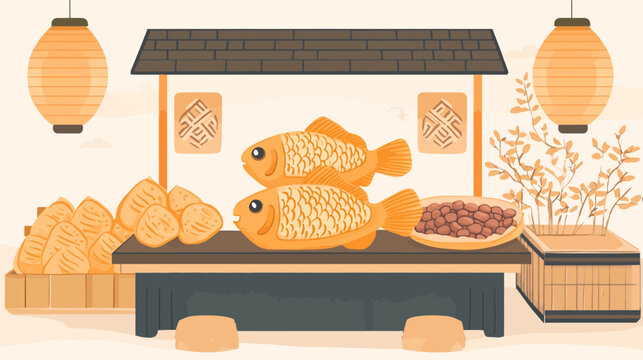Cartoon illustration of a Japanese food stall with fish-shaped pastries, bean paste, and lanterns