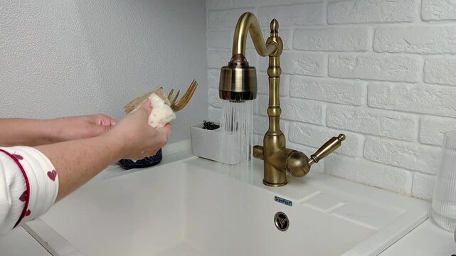 Woman washing dishes in kitchen sink, closeup. Cleaning chores