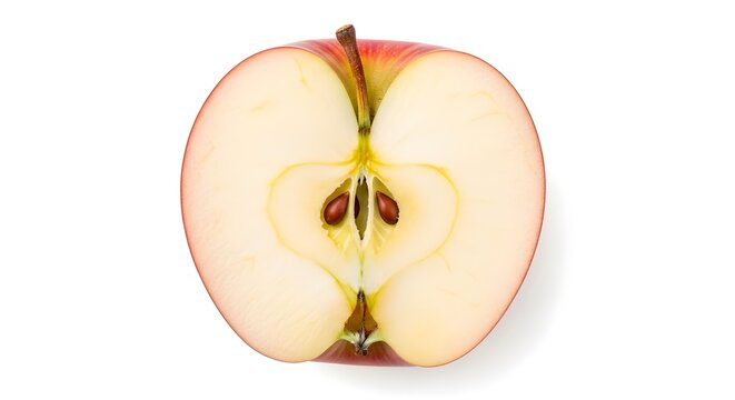 A single cross section of a red apple showing the core and seeds on a plain white background surface