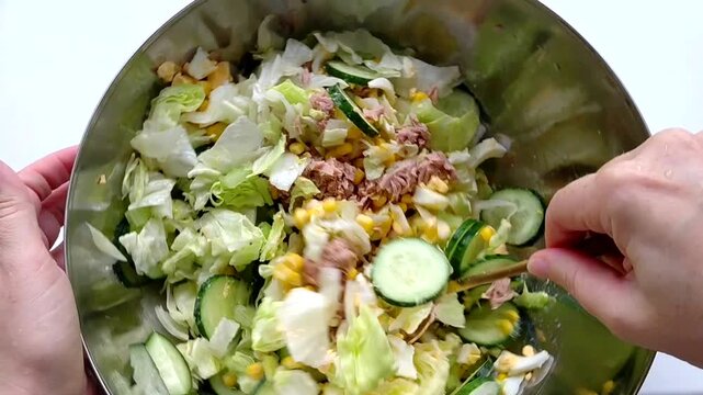 In the close-up image, a woman's hands are mixing fresh salad in a stainless steel bowl. Bright ingredients - sliced cucumbers, iceberg lettuce, tuna, eggs, celery, corn