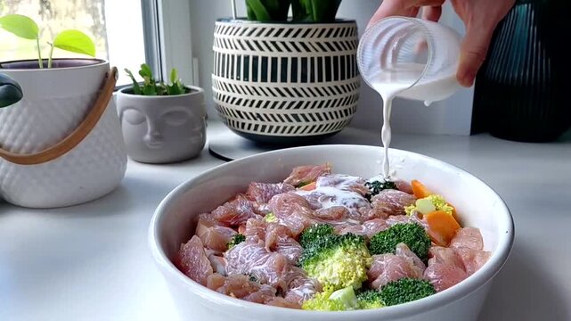 Vegetables with meat are poured with cream for baking. Cooking turkey, broccoli, carrot and onion fricassee with cream