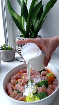 Vegetables with meat are poured with cream for baking. Cooking turkey, broccoli, carrot and onion fricassee with cream