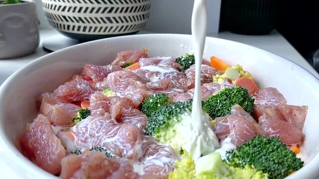 Vegetables with meat are poured with cream for baking. Cooking turkey, broccoli, carrot and onion fricassee with cream