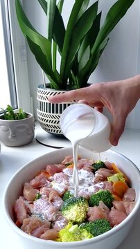Vegetables with meat are poured with cream for baking. Cooking turkey, broccoli, carrot and onion fricassee with cream