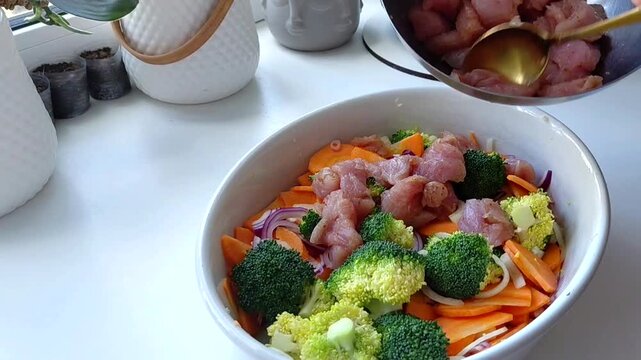 Vegetables with meat are placed in a baking dish. Cooking turkey, broccoli, carrot and onion fricassee with cream