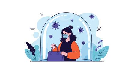 Obraz premium Coronavirus protection concept with a woman in a mask carrying a bag inside a safe glass dome away from floating viruses.