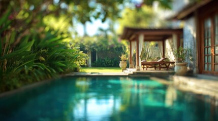Obraz premium Blurred Bali eco resort with sustainable travel and nature concept.