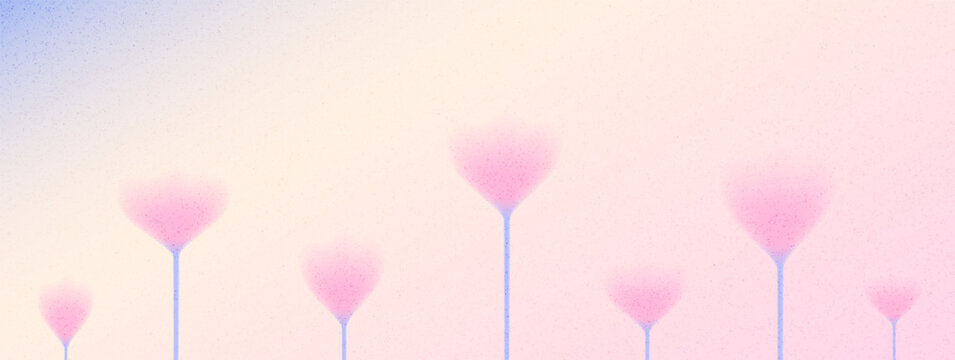 Grain noise flowers on soft gradient background in pink and blue. Grainy tulip flower shapes in pastel for naive botanical banner. Delicate dotwork floral vector with grain shadow and gentle line.