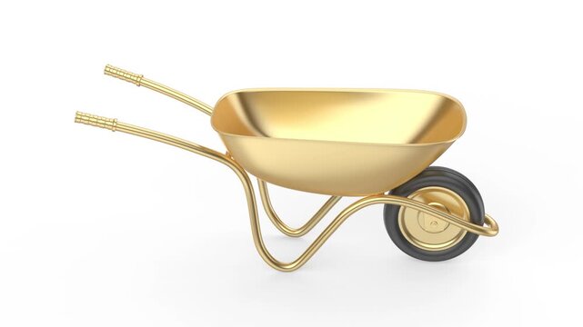 Empty golden wheelbarrow on white background