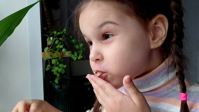 A little girl eats pasta with vegetables near the window. Funny child eats vegetables and laughs