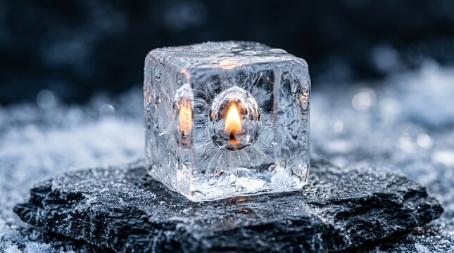Fire Burning Inside a Transparent Ice Cube on a Frozen Rock