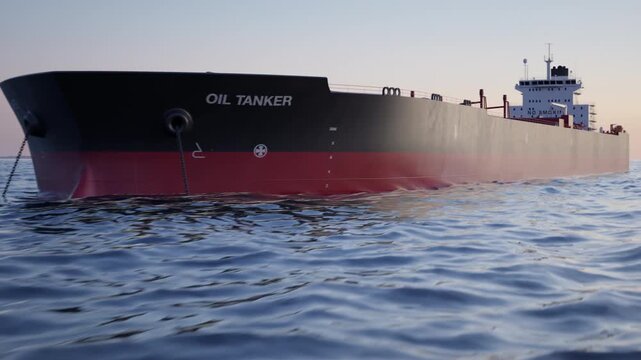 Camera orbits around an anchored crude oil super tanker to reveal more anchored ships. Aerial view of oil tankers anchored offshore in the ocean. Strait of Hormuz blockade concept. 3d animation render