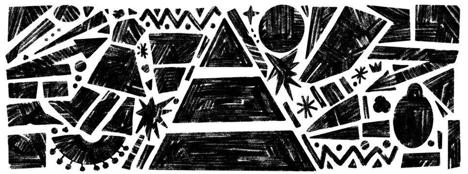 Geometric shape with noise grunge pencil and marker texture. Playful figure and sticker design for modern poster and tag. Hand drawn vector shape set with gritty geometric doodle elements isolated.