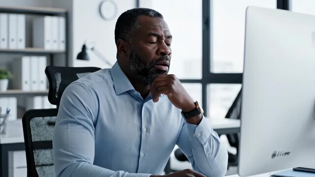 Serious Black Professional Overwhelmed By Work at Office Workspace Setting