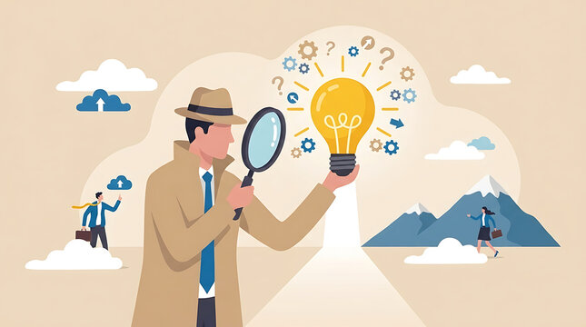 Professional detective character exploring innovative concepts while holding glowing lightbulb symbolizing brilliant inspiration discovery search for clever business solutions and new opportunities